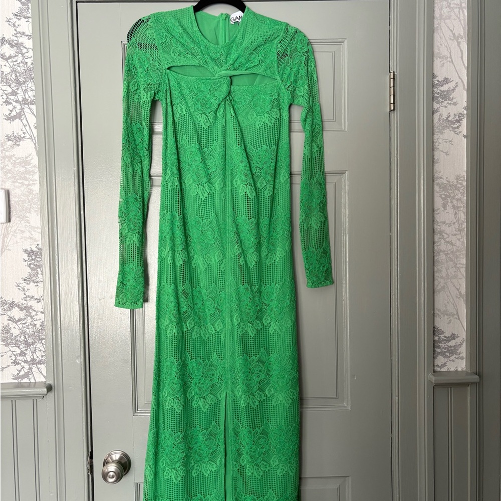 Ganni Green Long Sleeve Gown with Bishop Sleeves